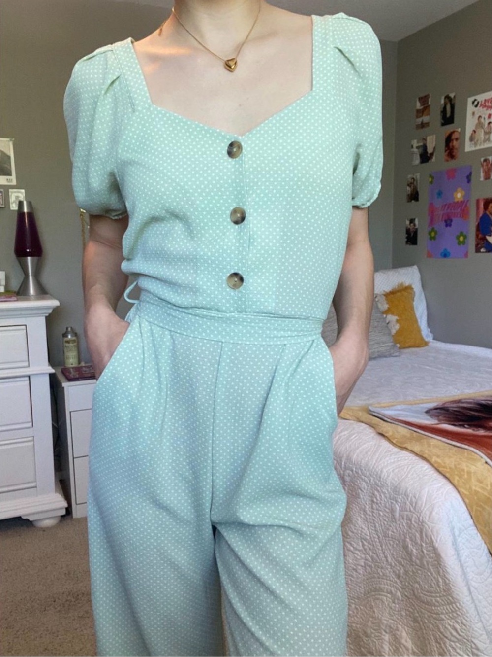 Polka Dot Puff Sleeve Jumpsuit in Mint Green